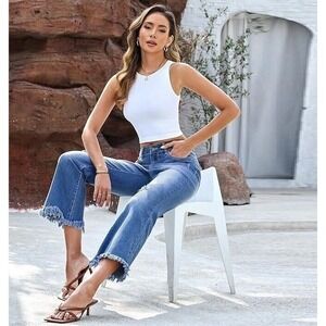 Flamingals Women Trendy High Waisted Cropped Ripped Jeans Denim Pants Raw Hem XS